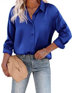 Chigant Damen Bluse Satin Seide Hemden Button Down Shirts Casual Lose Langarm Büro Arbeit Tunika Tops, Königsblau, XX-Large von Chigant