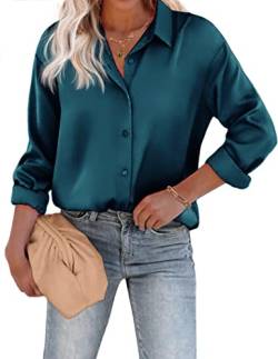 Chigant Damen Bluse Satin Seide Shirts Button Down Shirts Casual Lose Langarm Büro Arbeit Tunika Tops, blau - peacock blue, Groß von Chigant