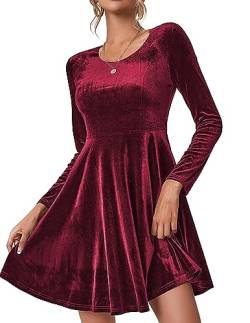 Chigant Damen Langarm Samt Cocktail Party Kleid A Linie Flare Party Kleid, weinrot, Mittel von Chigant