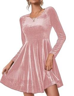 Chigant Damen Samtkleid Langarm Cocktail Halloween Party Club Kleider Flare Swing Mini Ballkleid für Hochzeitsgast, rosa - dusty pink, X-Groß von Chigant