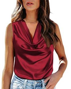 Chigant Damen Seiden-Satin-Tank-Top, Wasserfallkragen, lässig, Cami, ärmellos, Camisole Blusen, Sommer, Basic, lockeres Hemd, Weinrot, XX-Large von Chigant