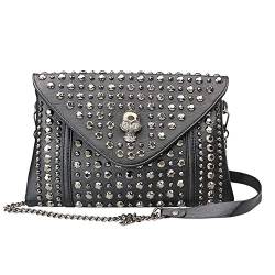 Chikencall® Envelope Clutch Vintage Gothic Skull Punk Handtaschen Beschlagene Leder Geldbörse Umhängetaschen Damen Herren Schultertaschen mit Kettenriemen Schwarz Geldbörsen von Chikencall