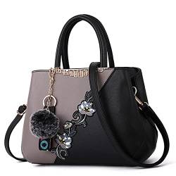 Chikencall Damen Handtasche Bestickte Tasche mit Blumendruck und Griff Oben Umhängetasche aus PU-Leder Geldbeutel Work Shopper Umhängetasche Schultertasche mit Haarballen-Anhänger von Chikencall