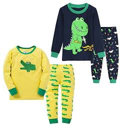 Childapjs Schlafanzug Lang Jungen 4 Stück Nachtwäsche Pjs Baumwolle Kinder Pyjama 92 98 104 110 116 122 128 134 140(Krokodil-Dinosaurier,122) von Childapjs