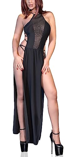 Chilirose Elegantes Glitzer langes Kleid Riemchen Frauen Dessous Kleid in schwarz mit Neckholder aus Stretch und Satin-Material Größe: L/XL von Chilirose