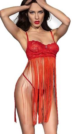 .Chilirose Frauen Dessous BH Negligee Fransen Minikleid Babydoll in rot mit String Träger und floraler Spitze Rückenfrei Riemchen ausgestellt elastisch Größe: S/M von .Chilirose