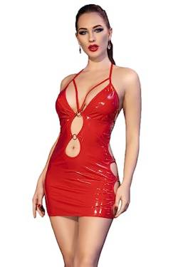 Chilirose Rotes Damen Dessous Lack Minikleid Neckholder kurzes Gogo Kleid mit String und Ausschnitten Größe: M von Chilirose