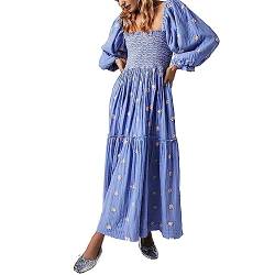 Chloefairy Damen Blumen bestickt Maxikleid Laternenärmel quadratischer Ausschnitt gestuft fließend Frühling Herbst Kleid, Hell, blau, Groß von Chloefairy