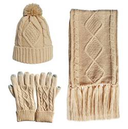 Chloria Stricken Mütze,Schal und Handschuh Set Frauen Männer Mädchen Unisex Zopfmuster Strickmütze erdicken Schal Handschuh Hut Gesetzt Winter Kombi Geschenkset (Beige) von Chloria