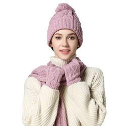 Chloria Stricken Mütze,Schal und Handschuh Set Frauen Männer Mädchen Unisex Zopfmuster Strickmütze erdicken Schal Handschuh Hut Gesetzt Winter Kombi Geschenkset (Rosa) von Chloria