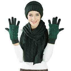 Chloria Stricken Mütze,Schal und Handschuh Set Frauen Männer Mädchen Unisex Zopfmuster Strickmütze erdicken Schal Handschuh Hut Gesetzt Winter Kombi Geschenkset (Waldgrün) von Chloria