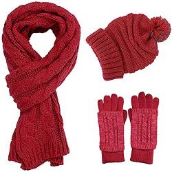 Chloria Stricken Mütze,Schal und Handschuh Set Frauen Männer Mädchen Unisex Zopfmuster Strickmütze erdicken Schal Handschuh Hut Gesetzt Winter Kombi Geschenkset (Weinrot) von Chloria