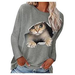 Chnnamzu Pullover Damen Süßes Katzenmotiv Sweatshirt Herbst Winter Langarm für Frauen mit Katze Motiv Hemd Damenmode Lässig Langarm Bedruckte O-Neck Tops Sweatshirt Bluse von Chnnamzu