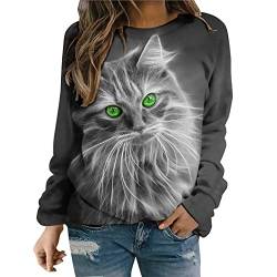 Chnnamzu Pullover Damen Süßes Katzenmotiv Sweatshirt Herbst Winter Langarm für Frauen mit Katze Motiv Hemd Damenmode Lässig Langarm Bedruckte O-Neck Tops Sweatshirt Bluse von Chnnamzu