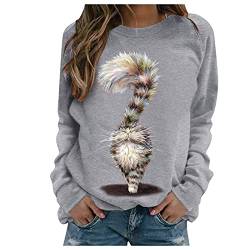 Chnnamzu Pullover Damen Süßes Katzenmotiv Sweatshirt Herbst Winter Langarm für Frauen mit Katze Motiv Hemd Damenmode Lässig Langarm Bedruckte O-Neck Tops Sweatshirt Bluse von Chnnamzu