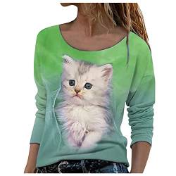 Chnnamzu Pullover Damen Süßes Katzenmotiv Sweatshirt Herbst Winter Langarm für Frauen mit Katze Motiv Hemd Damenmode Lässig Langarm Bedruckte O-Neck Tops Sweatshirt Bluse von Chnnamzu