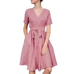 Chnnamzu Sommerkleid Damen Lang Leinen Kleid Einfarbig Strandkleider Leinenkleider V-Ausschnitt Kurzarm Tunika Kleid FreizeitkleidCasual mit Taschen Sommer Baumwolle Leinen von Chnnamzu