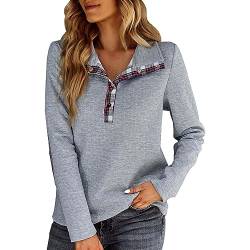 Damen Sweatshirt ohne Kapuze Oversize Pullover mit Karierter Druck Kragen mit Knopfleiste Pullover Elegant Basic Einfarbig Oberteil Langarm von Chnnamzu