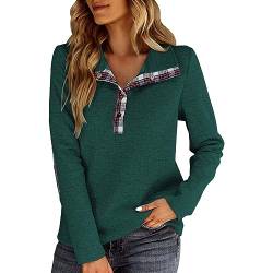 Damen Sweatshirt ohne Kapuze Oversize Pullover mit Karierter Druck Kragen mit Knopfleiste Pullover Elegant Basic Einfarbig Oberteil Langarm von Chnnamzu