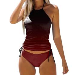 Tankini Damen Neckholder Gepolstertes Bikini-Oberteil Seitliche Kordelzug Zweiteiliger Badeanzug Bauchweg Swimsuit Kordelzug Side Bikini Sets Bademode Rückenfrei Sport Strandmode Schwimmanzug von Chnnamzu