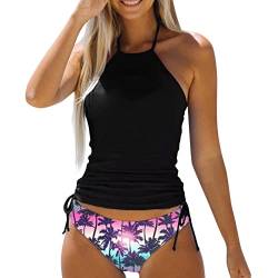 Tankini Damen Neckholder Gepolstertes Bikini-Oberteil Seitliche Kordelzug Zweiteiliger Badeanzug Bauchweg Swimsuit Kordelzug Side Bikini Sets Bademode Rückenfrei Sport Strandmode Schwimmanzug von Chnnamzu