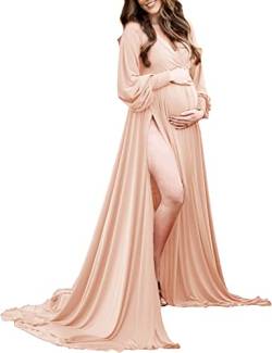 ChoiyuBella Umstandskleid Bischofsärmel Babyparty Kleid Wrap Seitenschlitz Sweetheart Maxi Fotoshooting für Fotografie, 39 Champagner, X-Groß von ChoiyuBella