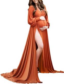 Umstandskleid Bishop Ärmel Baby Dusche Kleid Wrap Seitenschlitz Schatz Maxi Fotoshooting für Fotografie, burnt orange, Mittel von ChoiyuBella