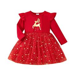 Chollius Baby Mädchen Midi Weihnachtskleid Anzug 0-3 Jahre Langarm Spitzenkleid + Stirnband mit Schleife Tüll Pullover Weihnachten Hirsch Print Weihnachtsfeier (Rot, 12-18 Monate) von Chollius