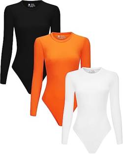 3 Stück Damen Rundhals Ärmel Langarm T Shirts Tops Bodysuit Jumpsuit, schwarz / weiß / orange, M von Chongbaijia