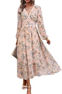 ChooTeeYeen Damen V-Ausschnitt Langarm Wrap Maxikleid A Linie Empire-Taille Herbst Hochzeit Gast Party Casual Chiffon Kleid, Rosa Blumen, Groß von ChooTeeYeen