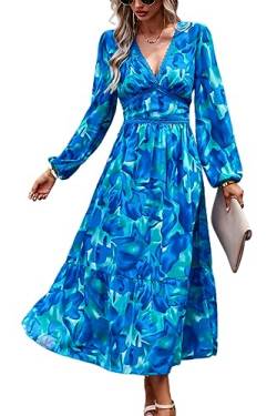 Damen V-Ausschnitt Langarm Wrap Maxikleid A Linie Empire-Taille Herbst Hochzeit Gast Party Casual Chiffon Kleid, Blaue Geometrie, X-Groß von ChooTeeYeen