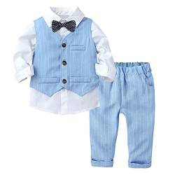 Choomomo Baby Jungen Taufanzug Hochzeitanzug Bekleidungset Festliche Gentleman Outfit Baumwolle Langarm Hemd + Fliege Weste Hose Blau 92-98 von Choomomo