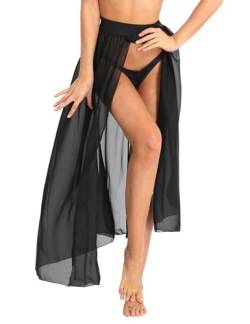 Choomomo Damen Chiffon Rock Langer Elastisch Mesh Sommer Maxirock Double Split Strandrock Sexy Boho Transparenter Wickelrock Schwarz L von Choomomo