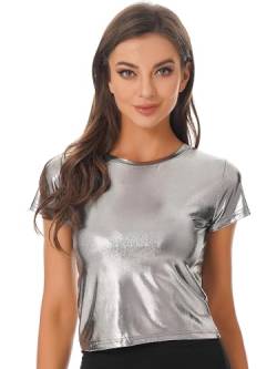 Choomomo Damen Metallic Shirt Glänzend Top Oberteil Kurzarm Casual T-Shirt Tanz Party Fesival Kleidung Grau L von Choomomo