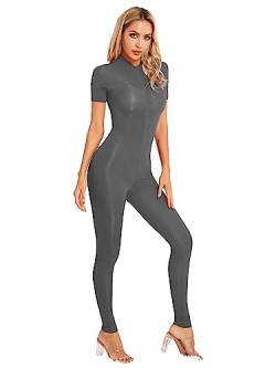 Choomomo Damen Wetlook Body Langarm Bodysuit Nylon Overall Ganzanzug Einteiler Jumpsuit Ballett Trikot Tights Leggings Hose Party Sport Clubwear Grau E L von Choomomo