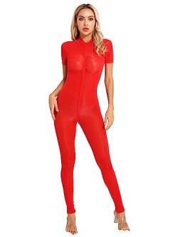 Choomomo Damen Wetlook Body Langarm Bodysuit Nylon Overall Ganzanzug Einteiler Jumpsuit Ballett Trikot Tights Leggings Hose Party Sport Clubwear Rot E L von Choomomo