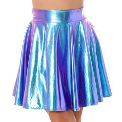 Choomomo Damen Wetlook Rock Mini Faltenrock Shiny Metallic Plisseerock Glänzend Skaterrock Lederrock Gogo Clubwear Blau B L von Choomomo