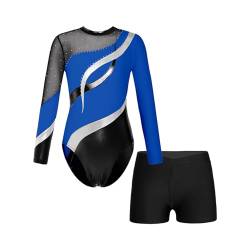 Choomomo Mädchen Turnanzug Glänzend Gymnastikanzug Langarm Turntrikot mit Strass Ballett Tanzbody Mit Shorts Gymnastikbody Tanzbekleidung Dancewear Königsblau B 158-164 von Choomomo