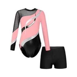 Choomomo Mädchen Turnanzug Glänzend Gymnastikanzug Langarm Turntrikot mit Strass Ballett Tanzbody Mit Shorts Gymnastikbody Tanzbekleidung Dancewear Rosa B 134-140 von Choomomo