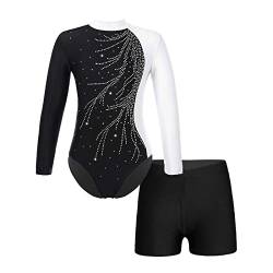 Choomomo Mädchen Turnanzug Gymnastikanzug Glänzend Gymnastikbody Langarm Ballett Tanz Trikot Leotard Mit Shorts Wettkampf Tanzkleidung Dancewear A Weiß 158-164 von Choomomo