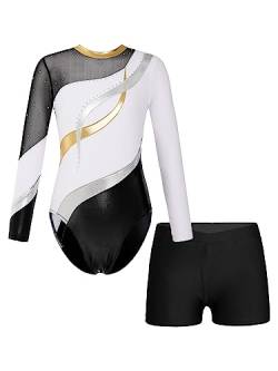 Choomomo Mädchen Turnanzug Gymnastikanzug Glänzend Gymnastikbody Langarm Ballett Tanz Trikot Leotard Mit Shorts Wettkampf Tanzkleidung Dancewear Weiß B 134-140 von Choomomo