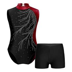 Choomomo Mädchen Turnanzug Gymnastikanzug Glänzender Strass Gymnastik Leotards Ballett Trikot Ärmellose Tanzbody mit Shorts Tanzkostüm Burgund 158-164 von Choomomo