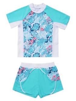 Choomomo Zweiteilige Badeanzüge für Mädchen Kinder UV-Schutz Bademode Blumenmuster Badeset Kurzarm Badeshirt + Badeshorts Tankini Set Badebekleidung Tropische Blätter 146-152 von Choomomo