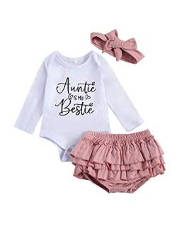 Auntie is My Bestie Baby-Mädchen-Bekleidungsset, langärmelig, Strampler, Strampler, Strampler, Rüschen, Windelhose + Stirnband Gr. 3-6 Monate, Weiß/Pink von ChouZZ