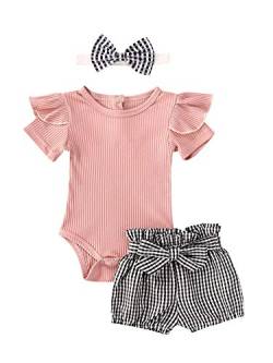 Baby Mädchen Sommer Outfits 3-teiliges Shorts-Set Kleidung gestrickt Rüschen Ärmel Strampler Plaid Bloomer + Stirnband Gr. 92, rose von ChouZZ