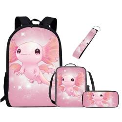 Chririnla 4-teiliges Schulranzen-Set für Jungen, Mädchen, Teenager, 43,2 cm, Büchertasche + Stifttasche + Schlüsselanhänger, Schulbedarf, Axolotl Pink, Tagesrucksäcke von Chririnla