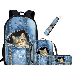 Chririnla 4-teiliges Schulranzen-Set für Jungen, Mädchen, Teenager, 43,2 cm, Büchertasche + Stifttasche + Schlüsselanhänger, Schulbedarf, Blaue Denim-Katze, Tagesrucksäcke von Chririnla