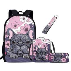 Chririnla 4-teiliges Schulranzen-Set für Jungen, Mädchen, Teenager, 43,2 cm, Büchertasche + Stifttasche + Schlüsselanhänger, Schulbedarf, Mops Hund Blume Lila, Tagesrucksäcke von Chririnla