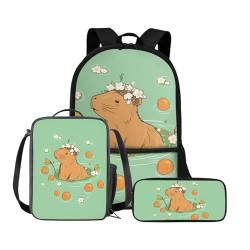 Chririnla Grundschule Kinder Rucksack Jungen Mädchen Schultasche + Isolierte Lunchtasche + Stifttasche Büchertasche Set von 3, Blumen-Capybara, Tagesrucksäcke von Chririnla