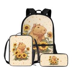 Chririnla Grundschule Kinder Rucksack Jungen Mädchen Schultasche + Isolierte Lunchtasche + Stifttasche Büchertasche Set von 3, Capybara-Sonnenblumen, Tagesrucksäcke von Chririnla
